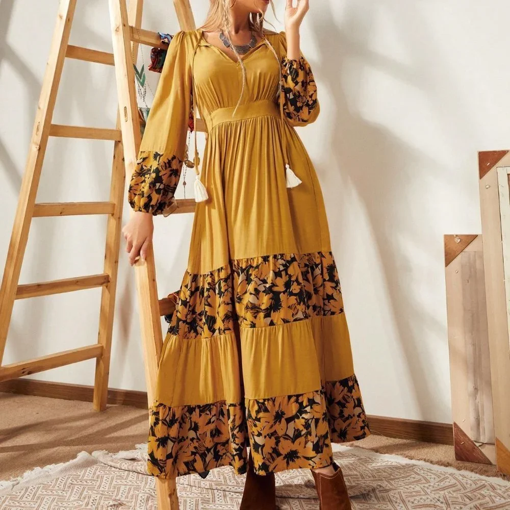 Yellow Boho Womens Floral Print Tassel Tie Neck Lantern Sleeve Ruffle Hem Dress - Picture 5 of 5